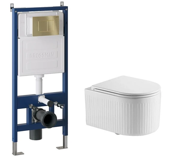 Комплект инсталляции Grossman с унитазом GR-4408SQ и кнопкой сатин золото