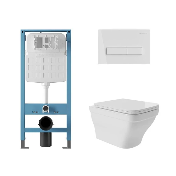 Комплект инсталляции Aqueduto Tecnica Novo с безободковым унитазом Esteta белый глянец, клавиша смыва Retangulo белый глянец