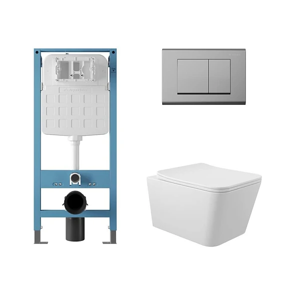 Комплект инсталляции Aqueduto Tecnica Novo с безободковым унитазом Macio белый глянец, клавиша смыва Quadrado глянцевый хром