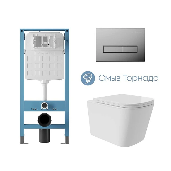 Комплект инсталляции Aqueduto Tecnica Novo с безободковым унитазом Macio Plus Tornado белый глянец, клавиша смыва Retangulo глянцевый хром