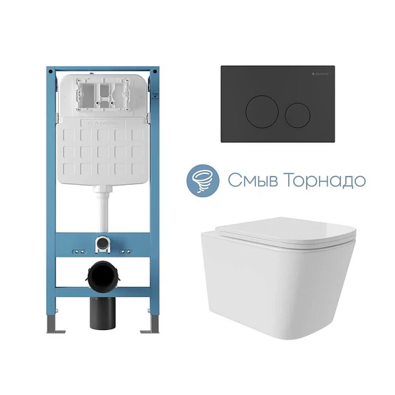 Комплект инсталляции Aqueduto Tecnica Novo с безободковым унитазом Macio Plus Tornado белый глянец, клавиша смыва Circulo черная матовая