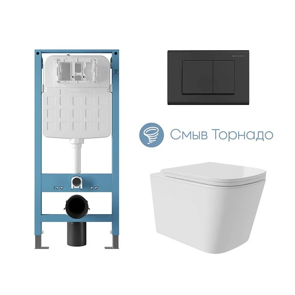 Комплект инсталляции Aqueduto Tecnica Novo с безободковым унитазом Macio Plus Tornado белый глянец, клавиша смыва Quadrado черная матовая