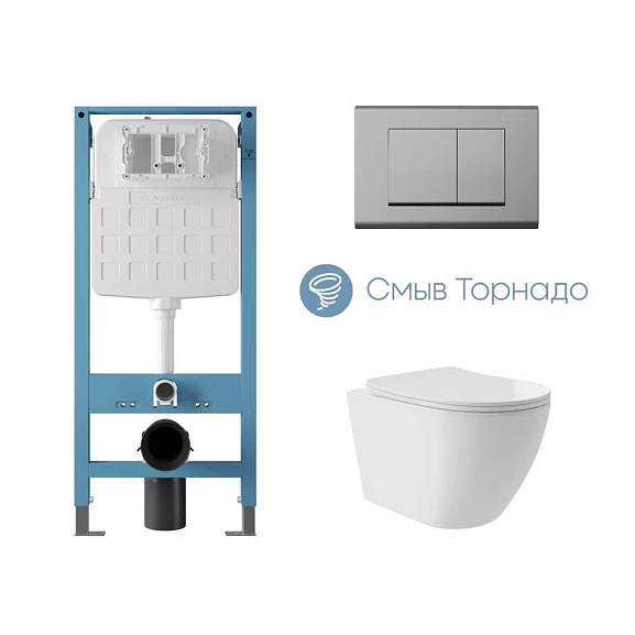 Комплект инсталляции Aqueduto Tecnica Novo с безободковым унитазом Ovo Plus Tornado белый глянец, клавиша смыва Quadrado глянцевый хром