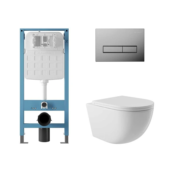 Комплект инсталляции Aqueduto Tecnica Novo с безободковым унитазом Ovo белый глянец, клавиша смыва Retangulo глянцевый хром