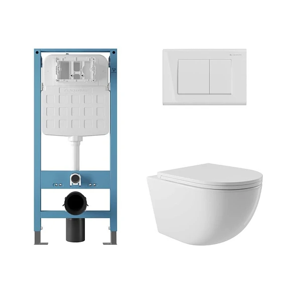 Комплект инсталляции Aqueduto Tecnica Novo с безободковым унитазом Ovo белый глянец, клавиша смыва Quadrado белый глянец