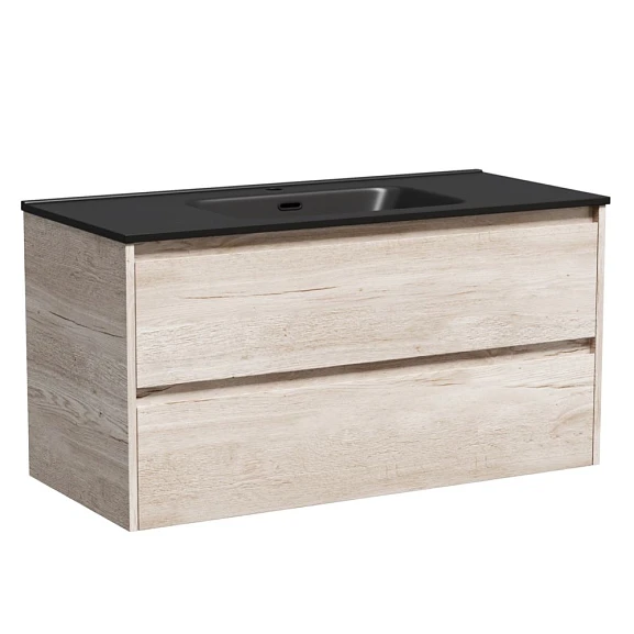 Тумба с раковиной Sancos Libra 100 дуб галифакс натуральный (раковина Element CN7003MB черная матовая)