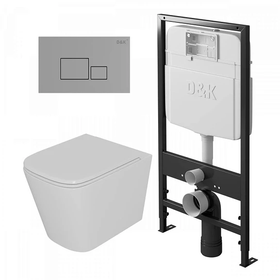 Комплект инсталляции D&K DI8055119 с безободковым унитазом Quadro, клавиша смыва Quadro хром