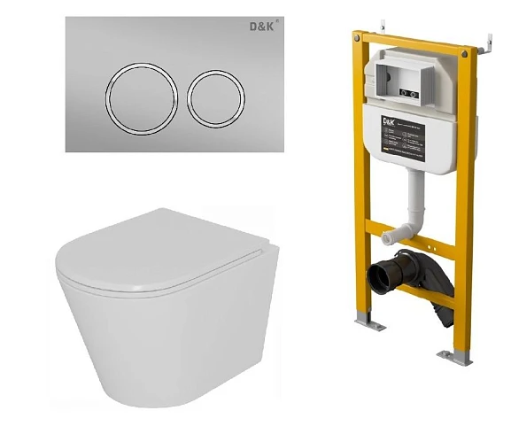 Комплект инсталляции D&K DI8050127 с безободковым унитазом Venice Торнадо, клавиша смыва Bayern матовый хром
