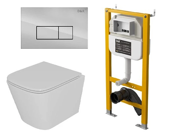 Комплект инсталляции D&K DI8050127 с безободковым унитазом Berlin Торнадо, клавиша смыва Rhein хром