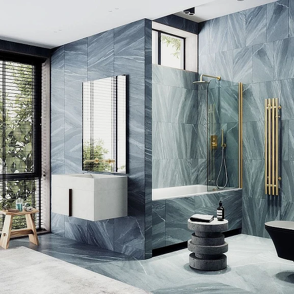 Душевая шторка на ванну MaybahGlass MGV-600-3 80*140 профиль золото матовое стекло прозрачное