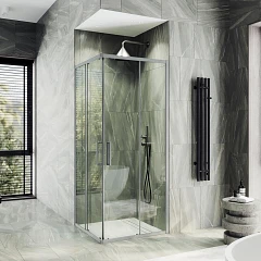 Душевой уголок MaybahGlass 100*100*195 профиль матовый хром стекло прозрачное без поддона