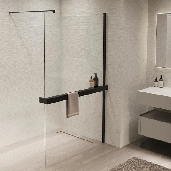 Душевая перегородка Vincea Walk-In 110*200 с полкой профиль черный матовый без поддона