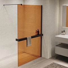 Душевая перегородка Vincea Walk-In 90*200 с полкой стекло янтарь профиль черный матовый без поддона