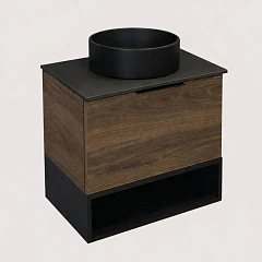 Тумба с раковиной Comforty Штутгарт-60 дуб тёмно-коричневый с черной столешницей с отверстием под смеситель c рак. COMFORTY 9111 MB